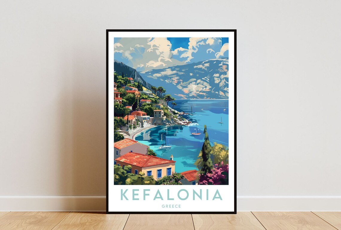 Kefalonia Greece Ionian Island Coastal Fishing Village Travel Poster