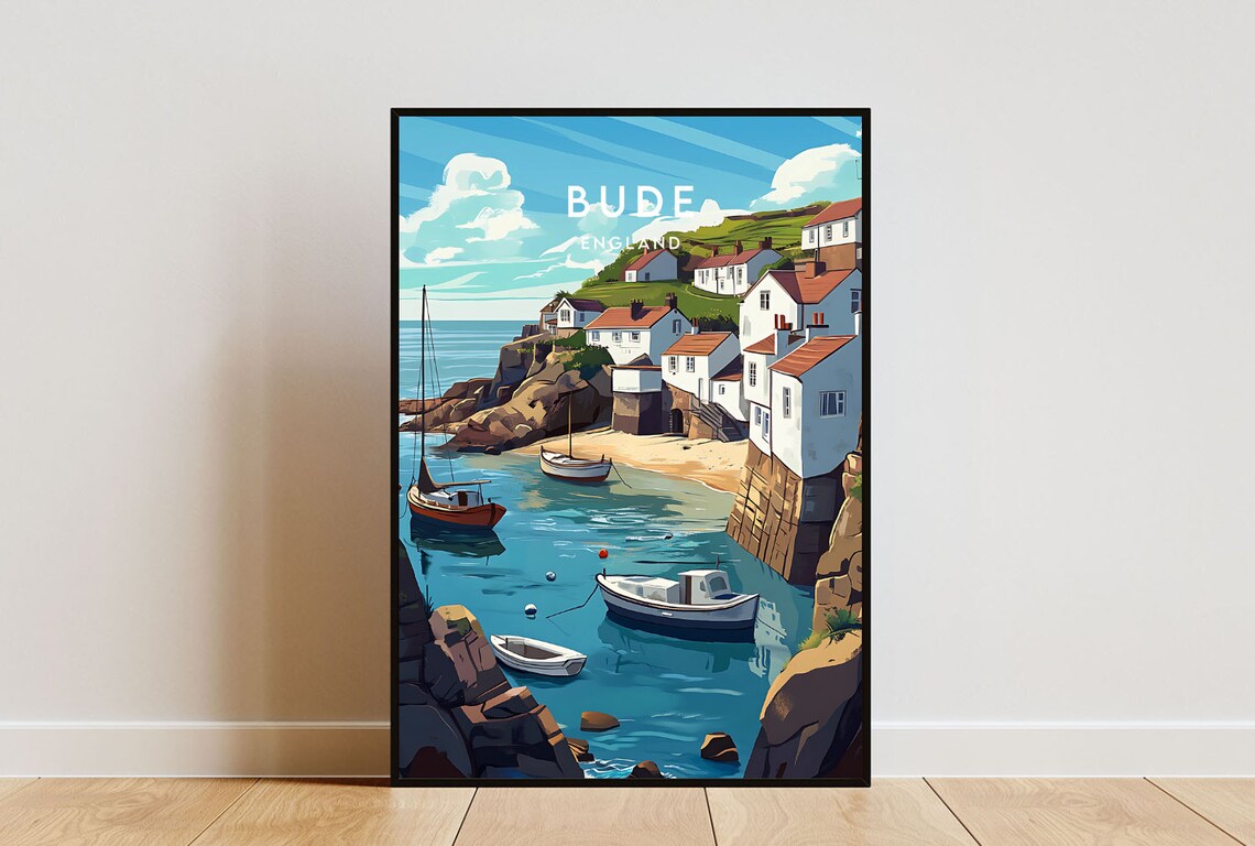 Bude England Harbor Village Boats and Cottages Travel Poster
