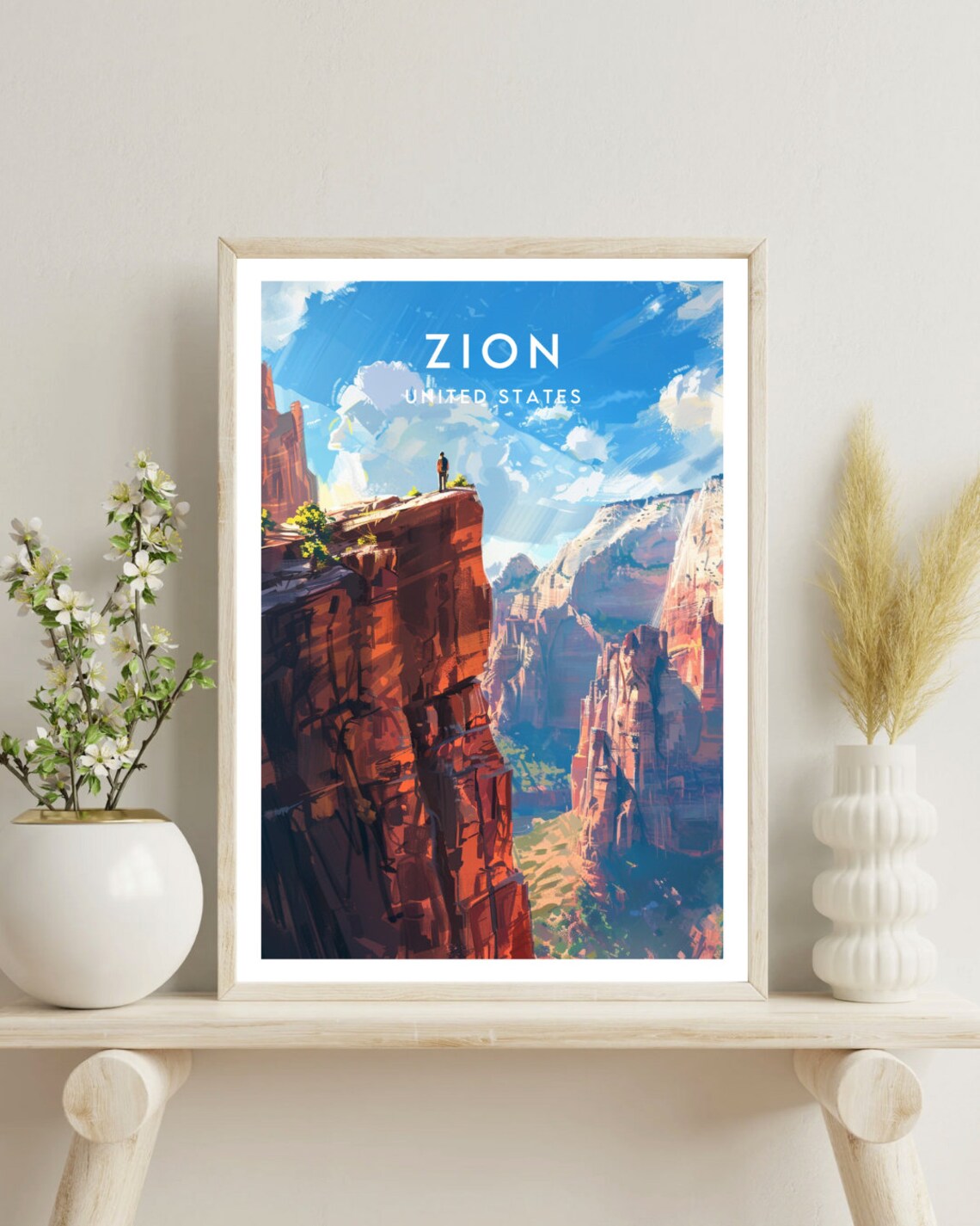 Zion United States Red Canyon Cliffs Hiker Summit Travel Poster - Image 4