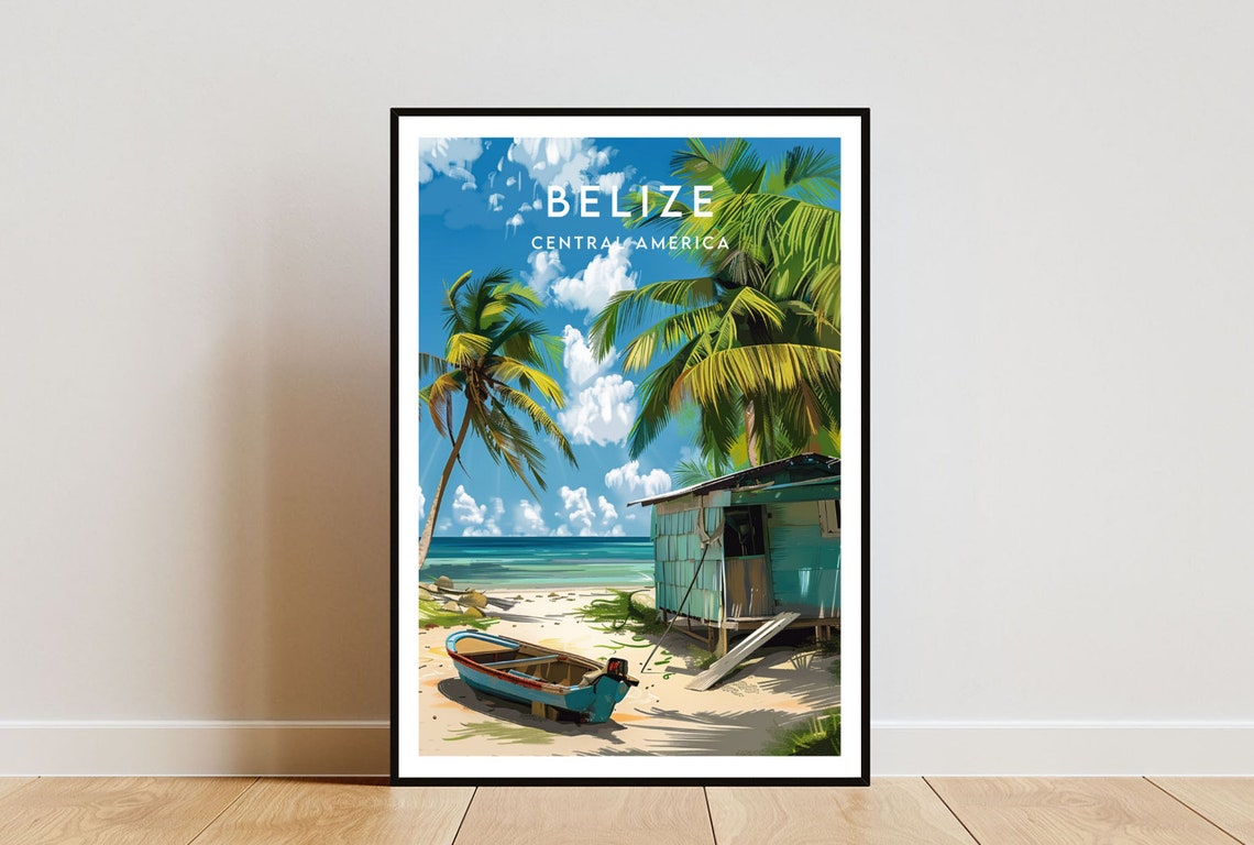 Belize Central America Beach Shack Boat and Palms Art Poster