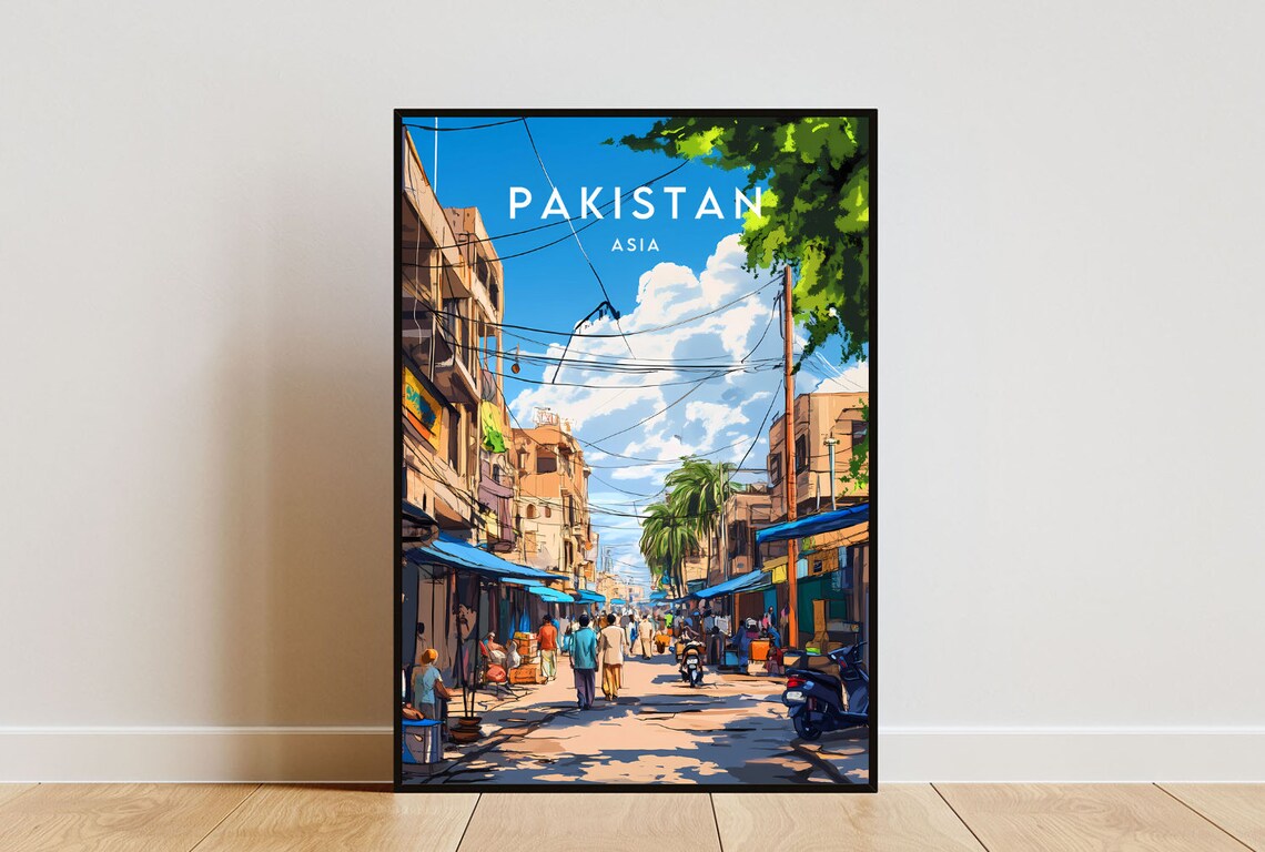 Pakistan Asia Bustling Street Market Scene Travel Art Poster