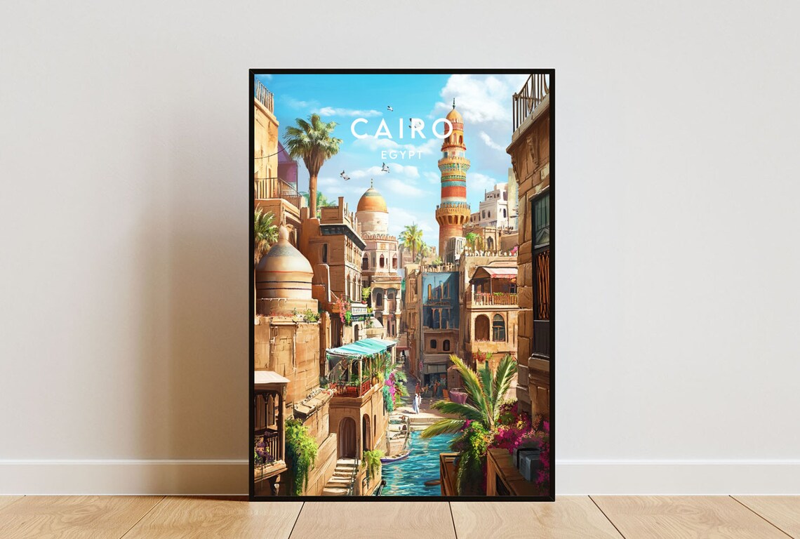 Cairo Egypt Historic Minarets Canal Palms Old City Travel Poster