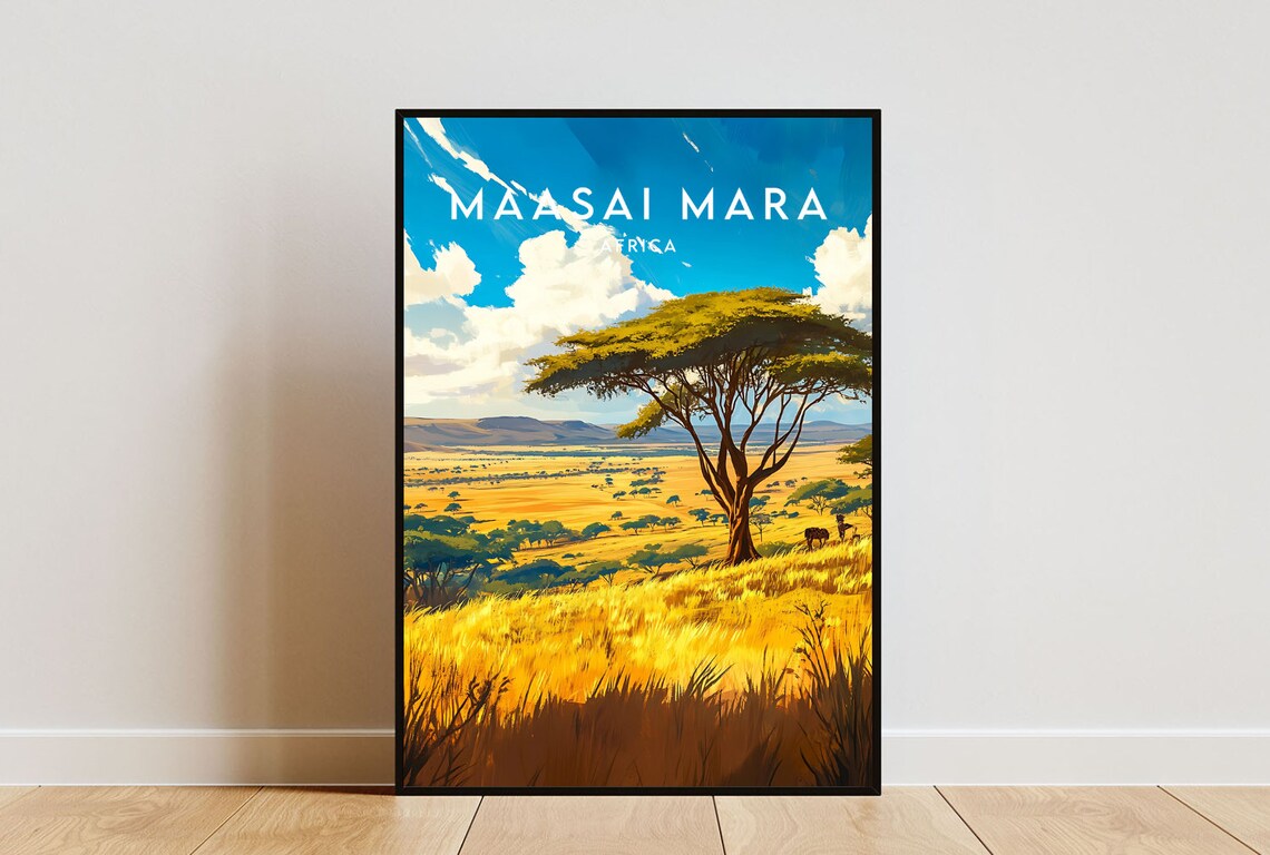 Maasai Mara Africa Golden Savanna Acacia Tree Wildlife Travel Poster