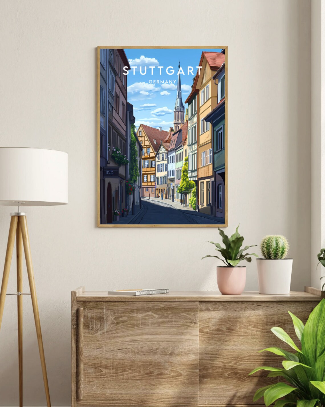 Stuttgart Germany Old Town Street Church Spire Travel Poster - Image 3