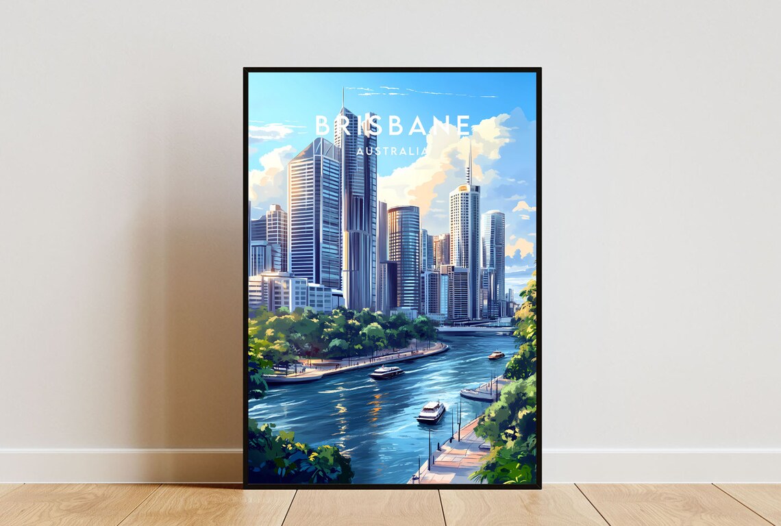 Brisbane Australia Winding River City Skyline Vintage Travel Poster