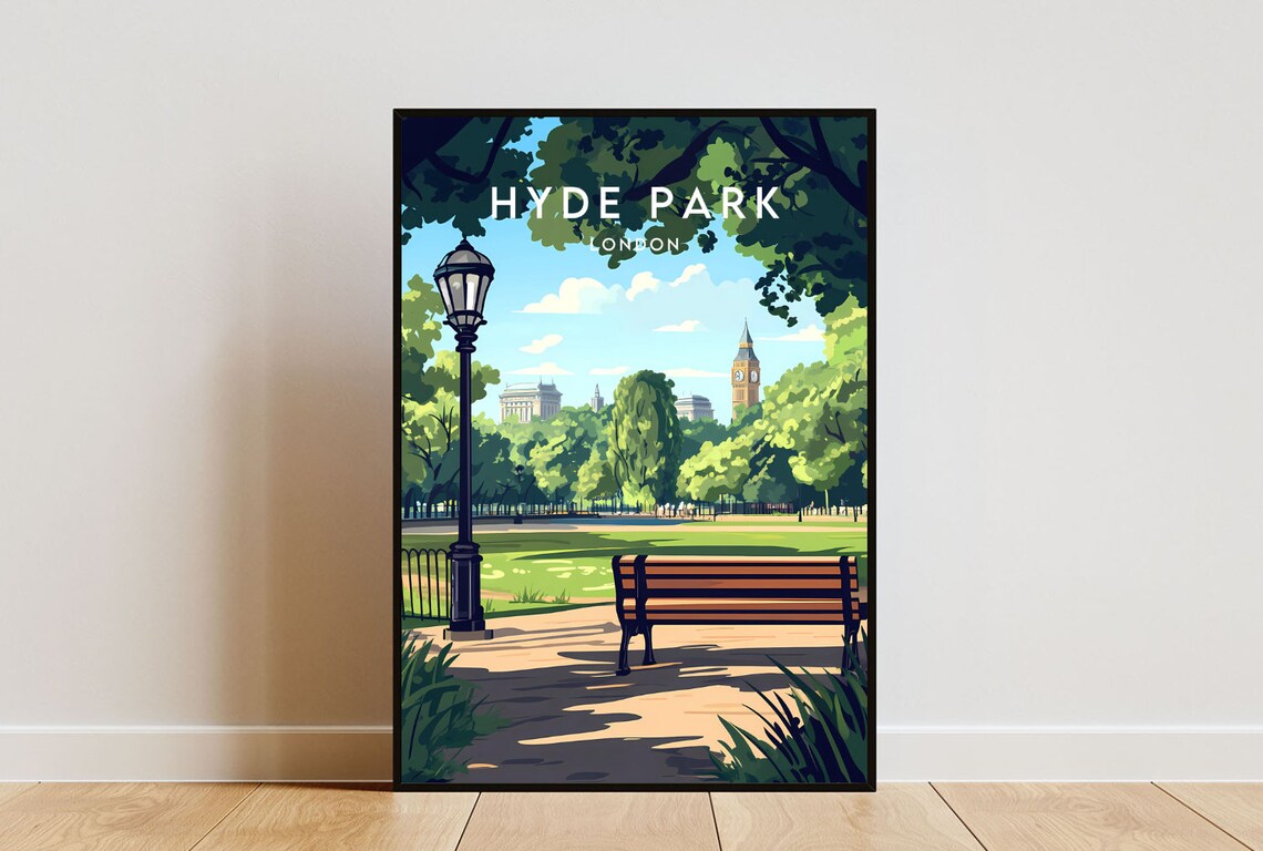 Hyde Park London Park Bench Big Ben View Vintage Travel Poster
