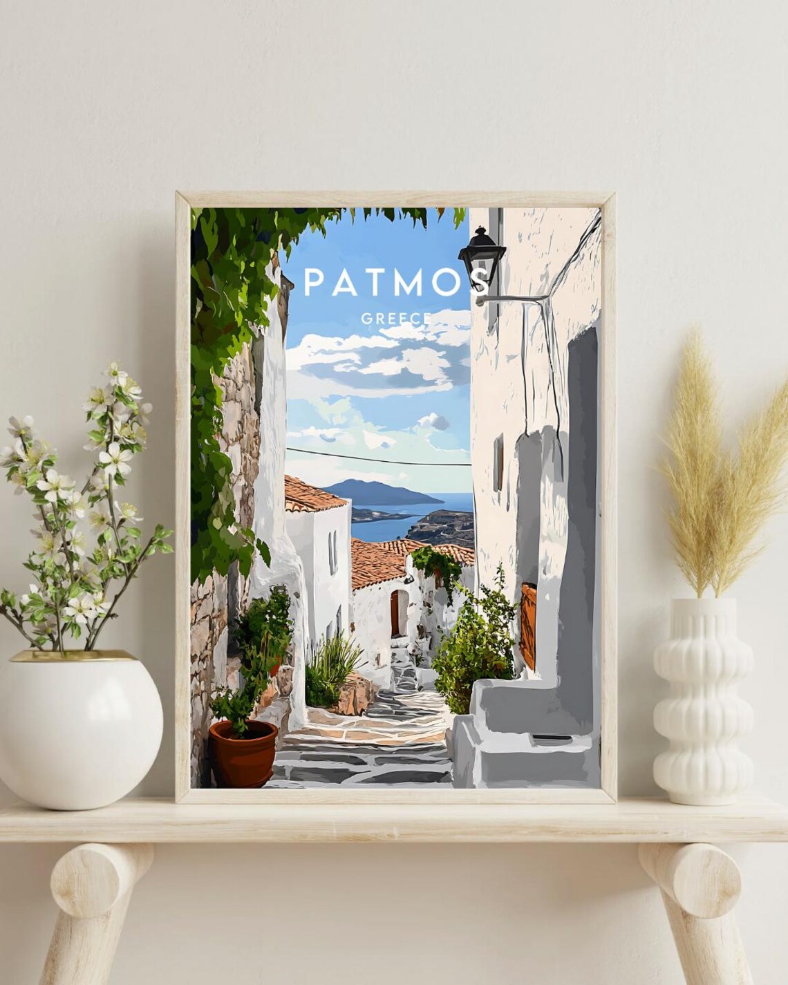 Patmos Greece White Alley Steps Island Sea View Travel Poster - Image 4