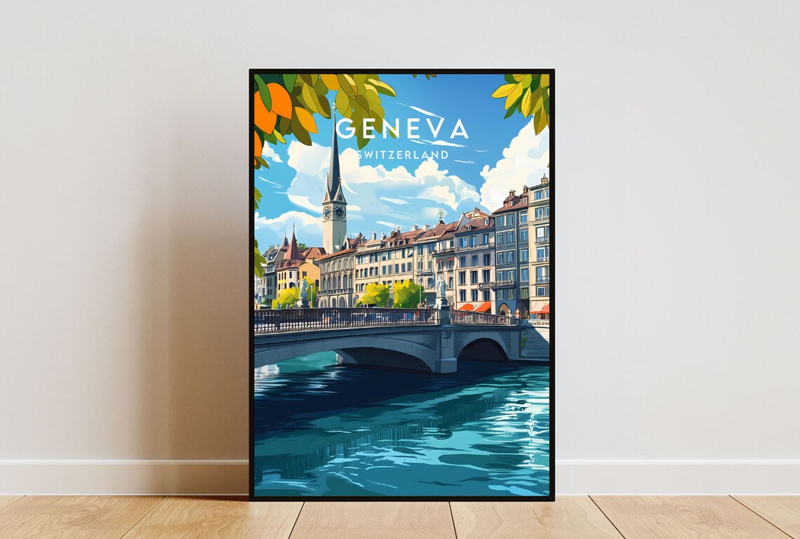 Geneva Switzerland River Bridge Old Town City Scenic Travel Poster