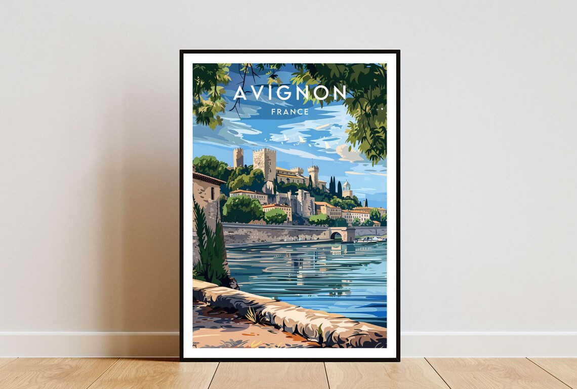 Avignon France Rhone River Hilltop Palace Vintage Travel Poster