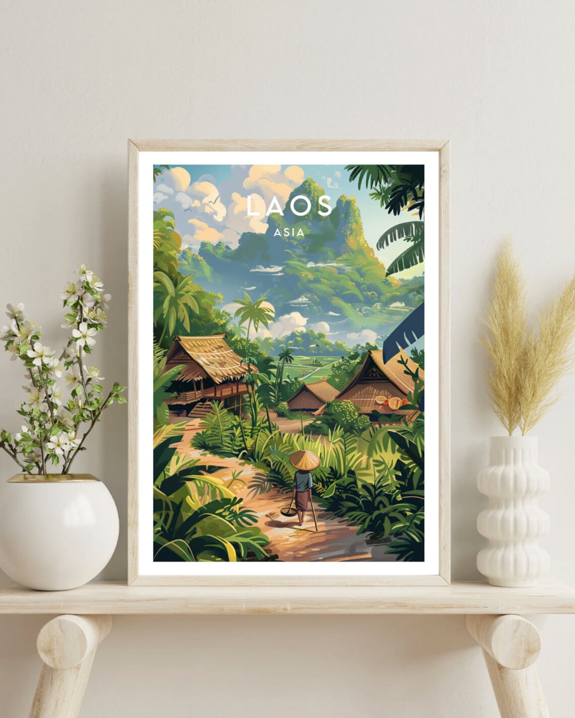 Laos Asia Jungle Village Stilt Houses Green Mountains Vintage Travel Poster - Image 4