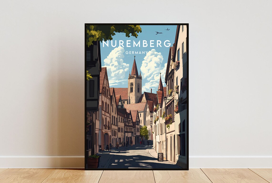 Nuremberg Germany Historic Old Town Church Spire Street Travel Poster
