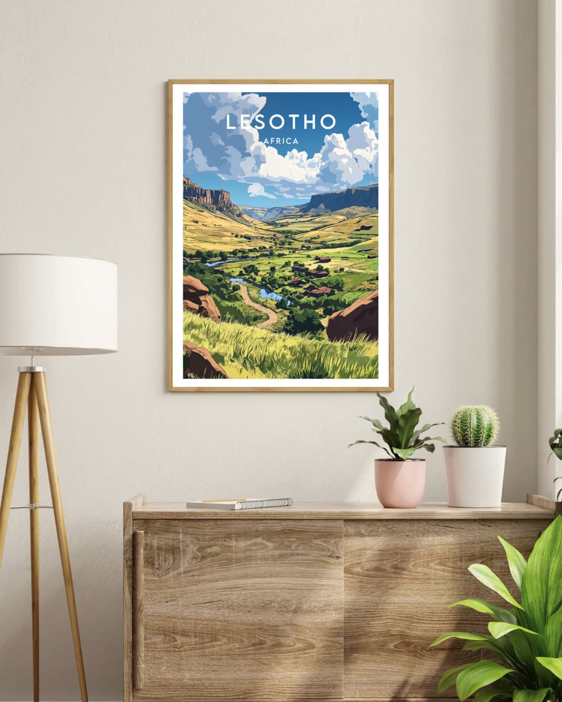 Lesotho Green Valley Village Mountain Landscape Travel Poster - Image 3