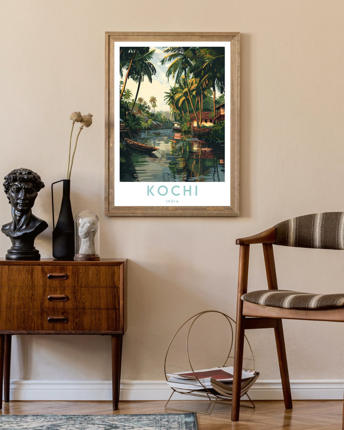 Kochi India Backwaters Tall Palm Trees Boat Sunset Travel Poster - Image 2