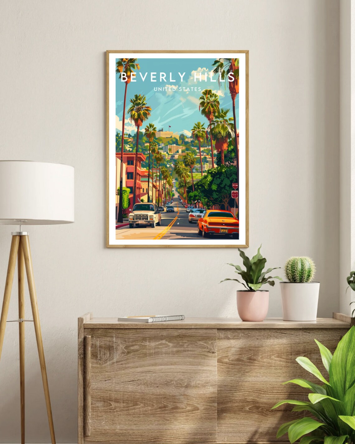 Beverly Hills United States Palm Lined Street Classic Cars Poster - Image 3