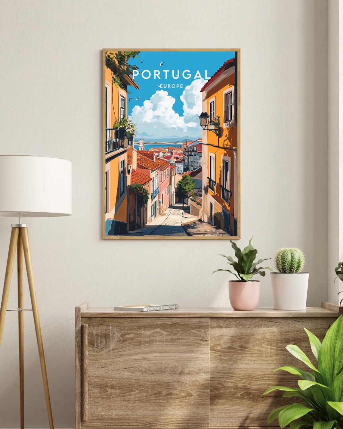 Portugal Europe Sunlit Street Yellow Buildings Harbor Travel Poster - Image 3