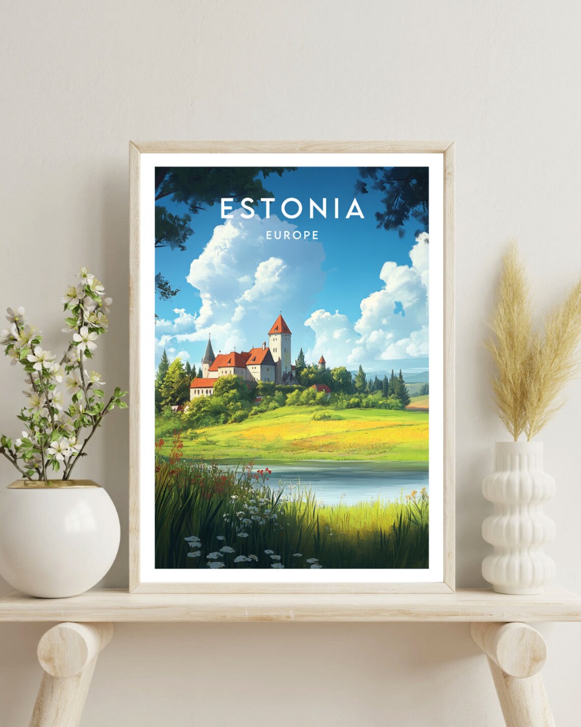 Estonia Castle Lake Meadow Summer Europe Landscape Travel Poster - Image 4