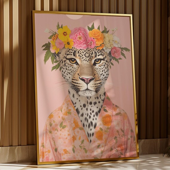 Leopard With Floral Crown Painting Kimono Style Maximalist Poster