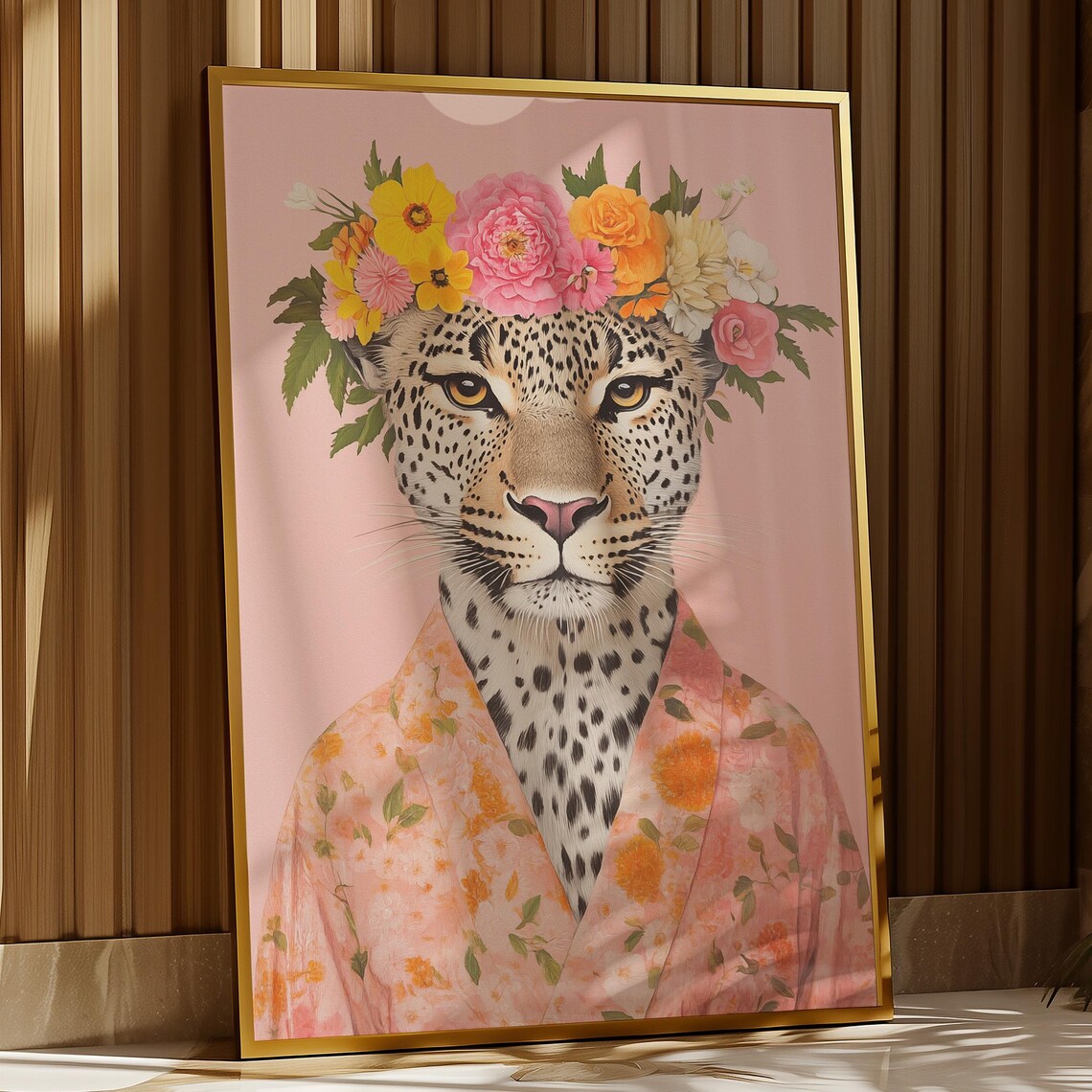 Leopard With Floral Crown Painting Kimono Style Maximalist Poster