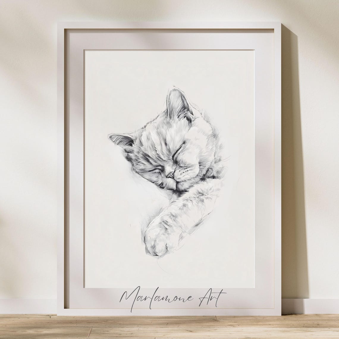 Sleeping Cat Pencil Sketch Black And White Feline Portrait Art Poster