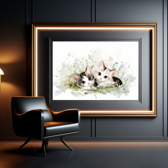 Cute Twin Kittens in Wildflowers Soft Watercolor Painting Poster