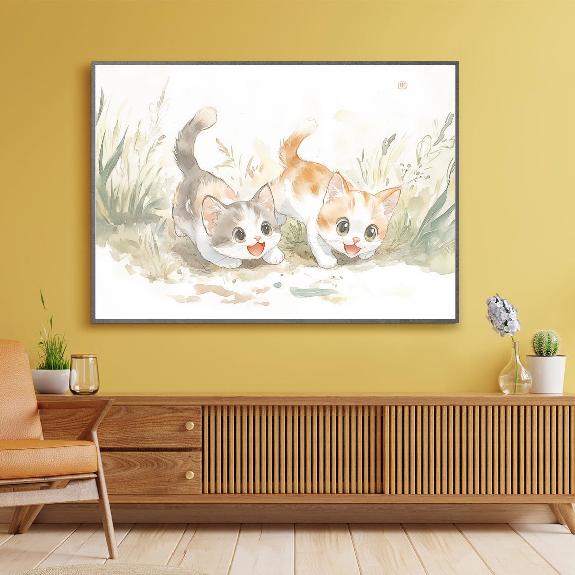Two Playful Kittens Pouncing in Soft Watercolor Painting Poster