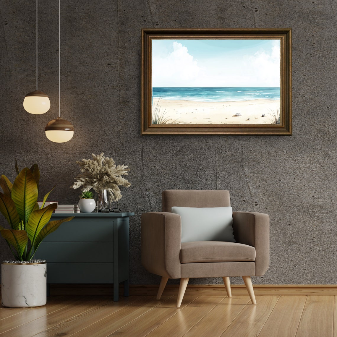 Sunny Sandy Beach with Turquoise Water Coastal Painting Poster