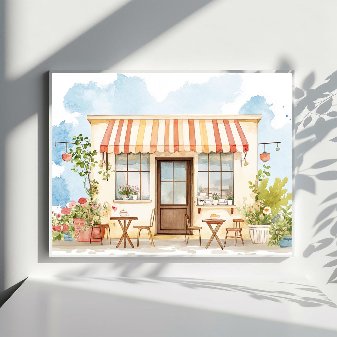 Charming Parisian Cafe Storefront Watercolor Bistro Painting Wall Art
