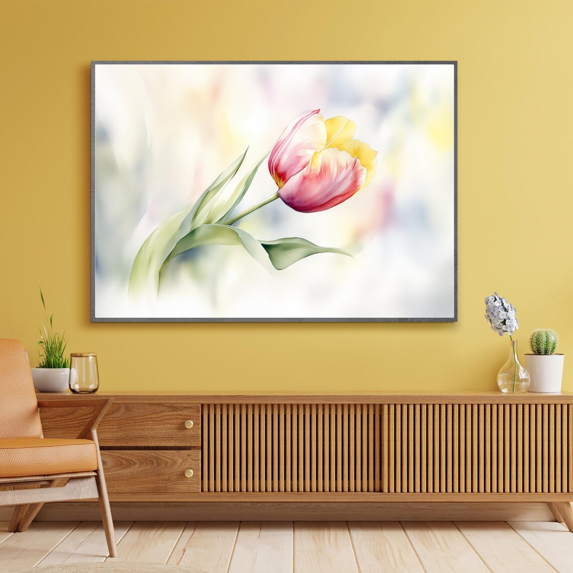Pink Tulip Minimalist Watercolor Flower Botanical Painting Wall Art
