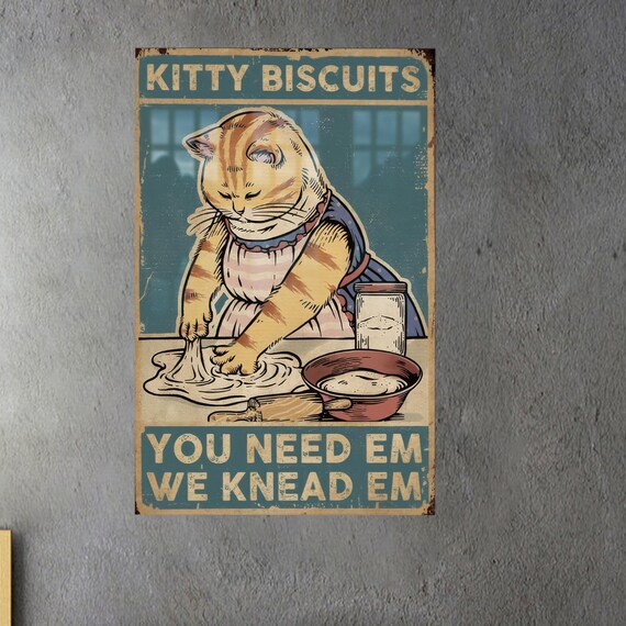 Kitty Biscuits Funny Cat Baking Vintage Tin Sign Kitchen Humor Decor Poster