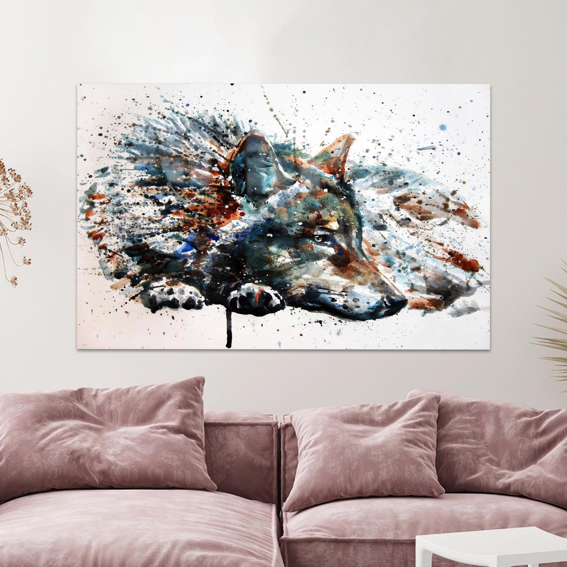 Wolf Watercolor Splash Abstract Blue Orange Wildlife Art Poster