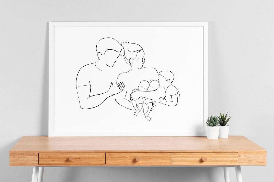 Mom Dad Son and Twins Line Art Newborn Family Minimalist Poster - Image 2