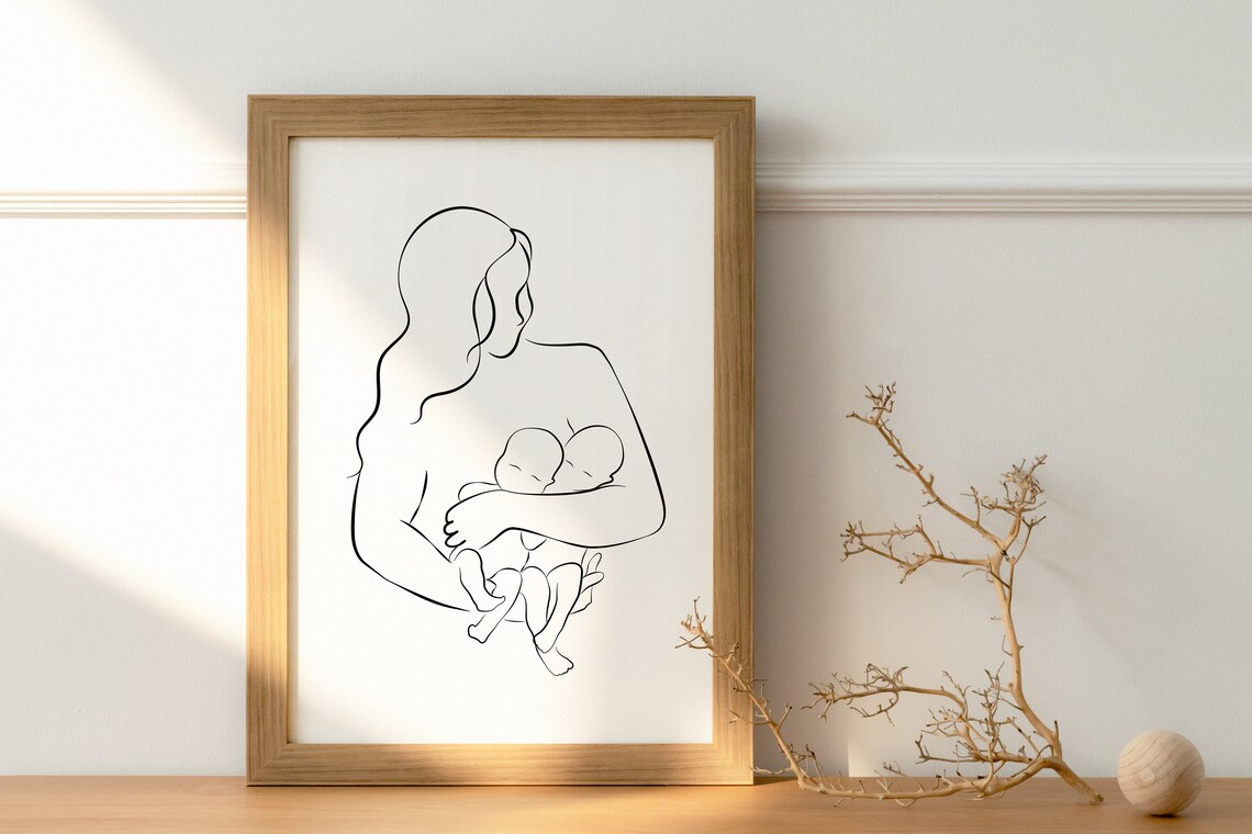 Mom and Twins Line Art Mother Holding Twin Babies Minimalist Poster - Image 2