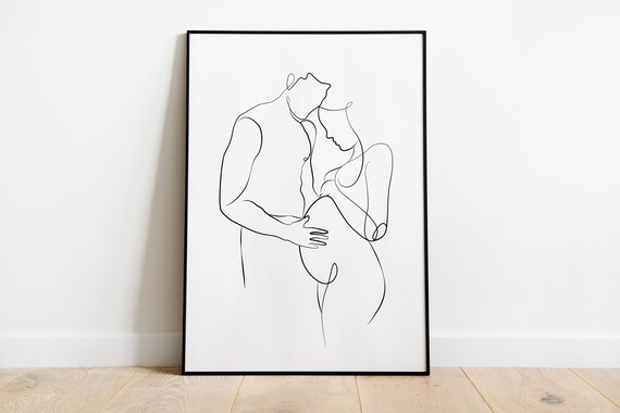 Expectant Couple Line Art Man Embracing Pregnant Woman Sketch Print