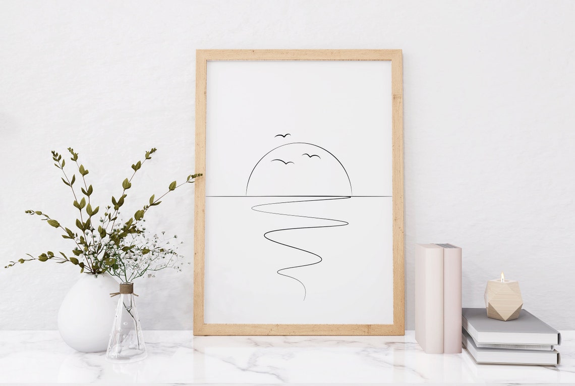 Sun With Ocean Waves Line Art Minimalist Sunset Birds Wall Poster - Image 2