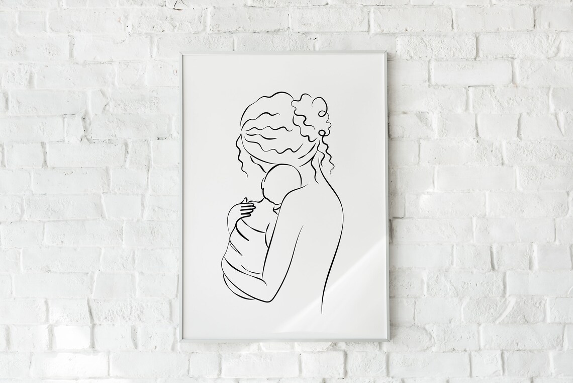 Mom And Newborn Line Art Drawing Minimalist Motherhood Poster