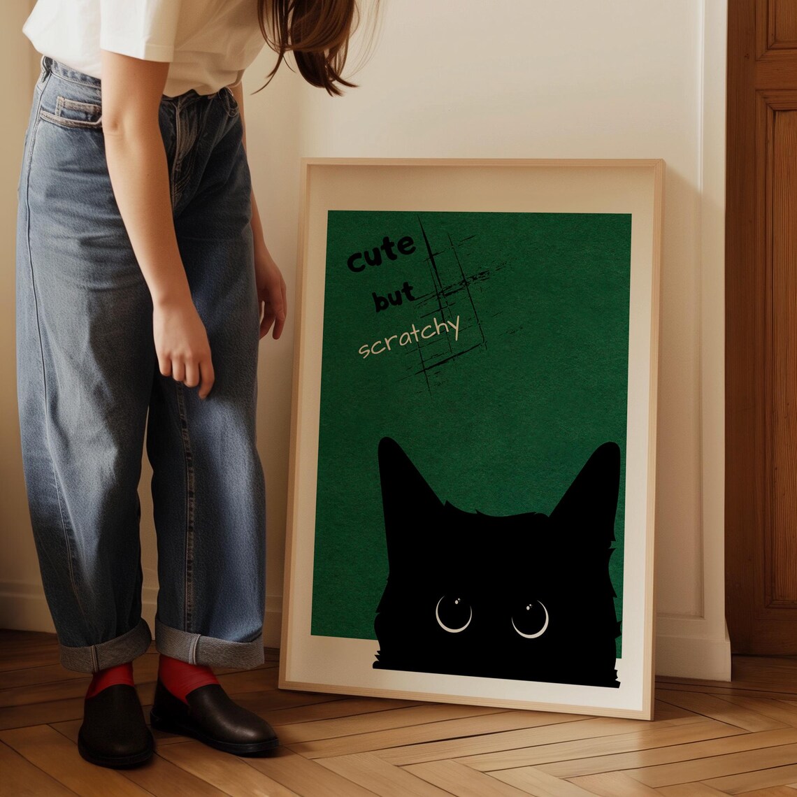 Cute but Scratchy Black Cat Peeking Around on Green Funny Poster - Image 5