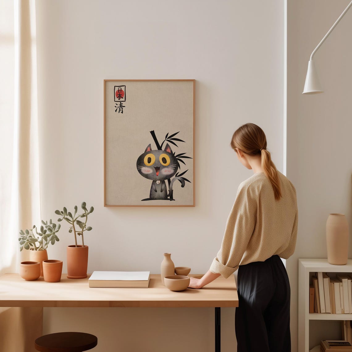 Cute Black Cat Japanese Red Sun Bamboo Kawaii Style Nursery Poster - Image 2
