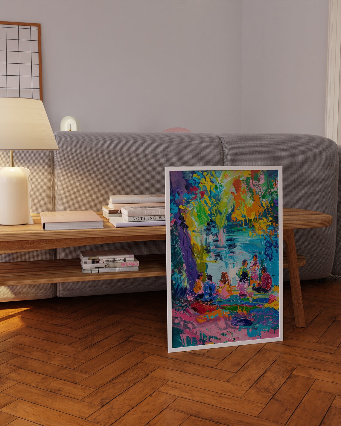 Lakeside Picnic Friends Under Colorful Trees Painting Poster - Image 3