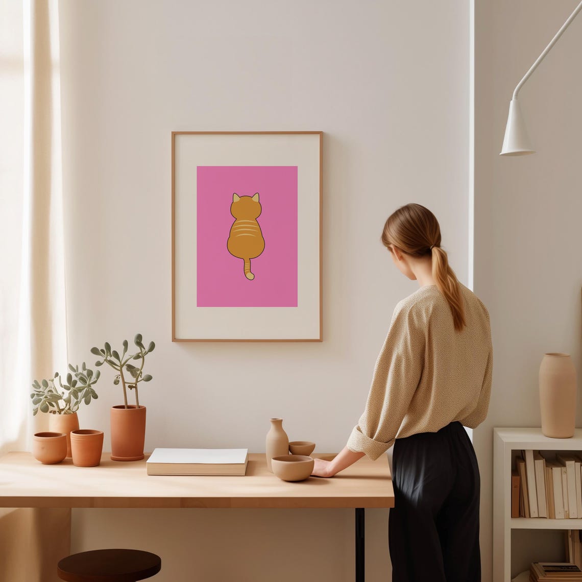 Orange Tabby Cat Back View on Bright Pink Minimalist Art Poster - Image 2
