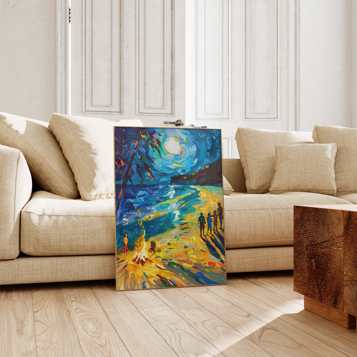 Moonlit Beach Night Scene with Figures and Starry Sky Art Poster - Image 2