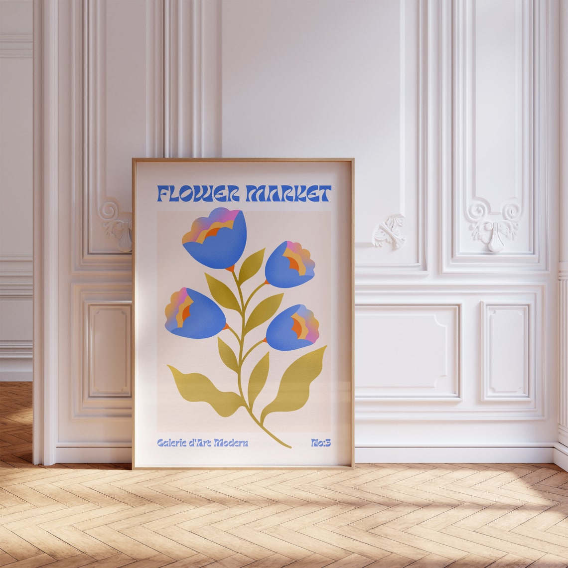 Flower Market Blue Poppy Bloom Gold Leaves Groovy Modern Art Poster - Image 5