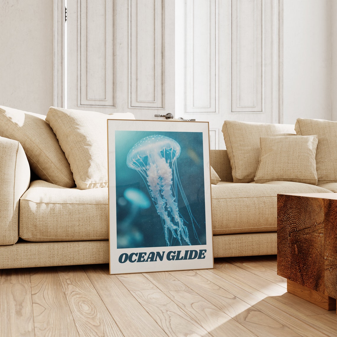 Ocean Glide Jellyfish Teal Underwater Photography Art Poster - Image 2