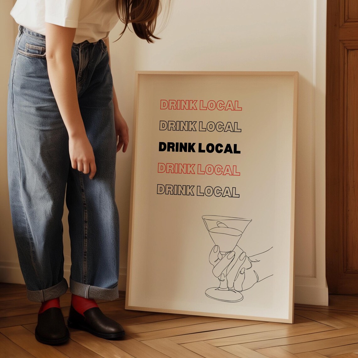 Drink Local Repeated Typography Cocktail Glass Line Art Poster - Image 5