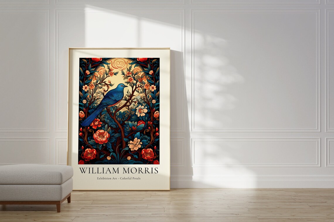 William Morris Colorful Petals Dark Blue Bird Floral Art Poster