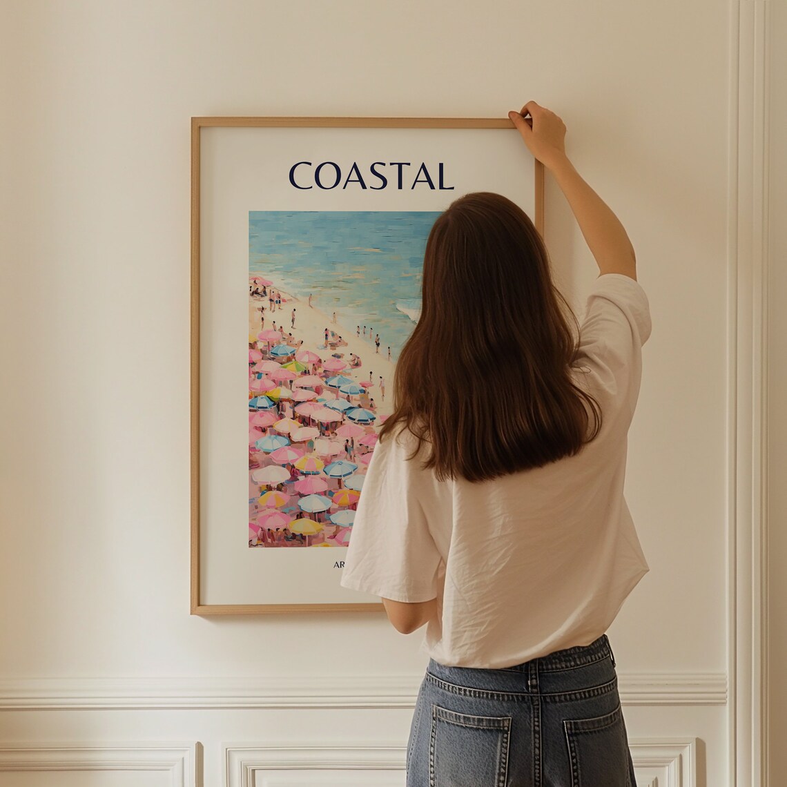 Coastal Dream Pink Blue Beach Umbrellas Aerial Ocean Art Poster - Image 3