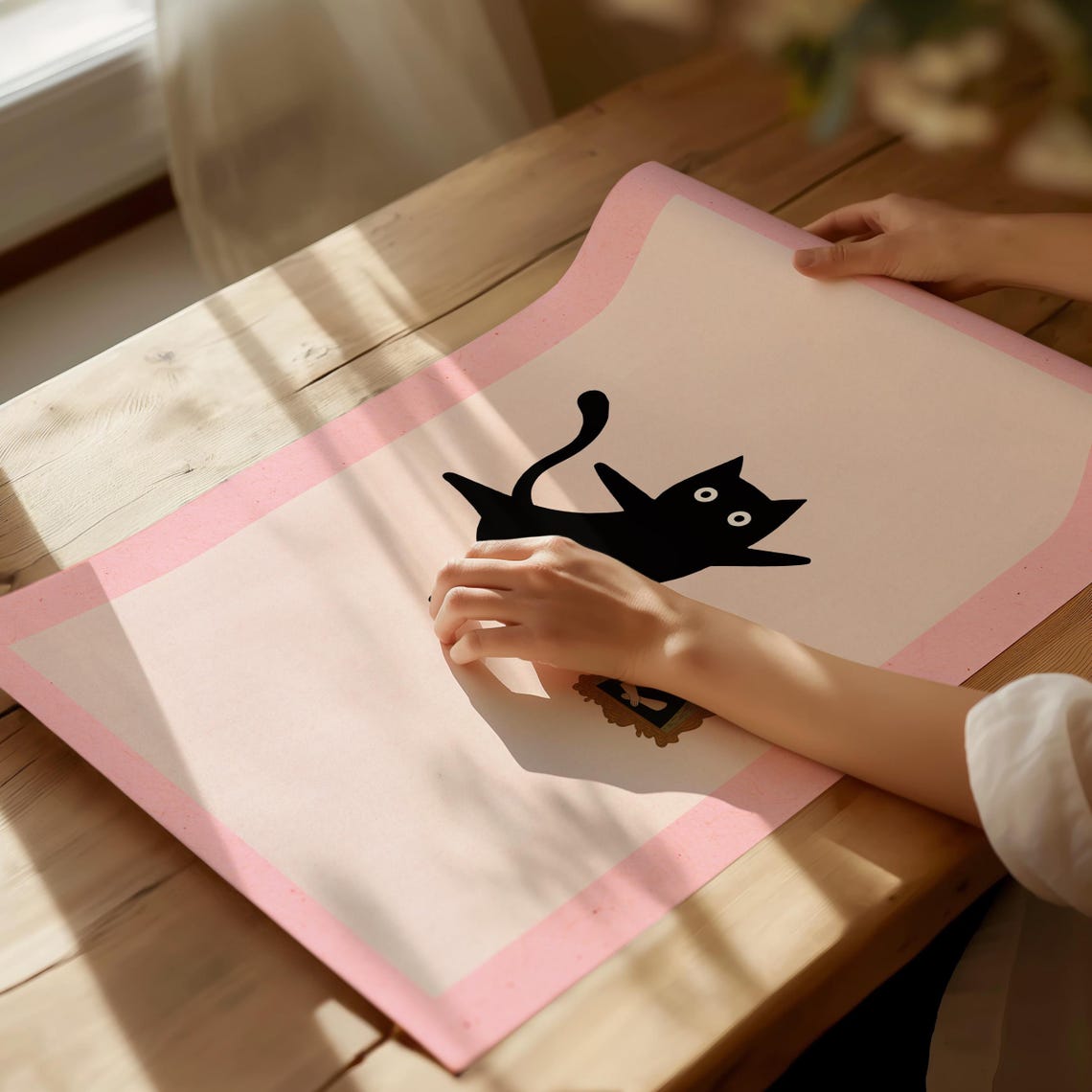 Black Cat Jumping Toward Mona Lisa Funny Pink Minimalist Poster - Image 4