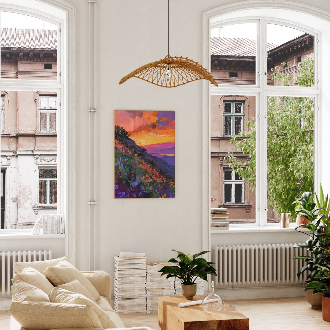 Sunset Over Mountains with Wildflower Meadow and Hiker Art Poster - Image 2