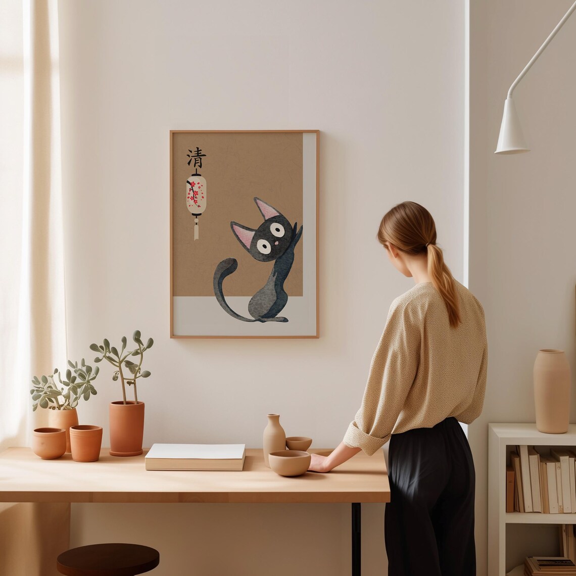 Cute Black Cat Japanese Paper Lantern Cherry Blossom Gift Poster - Image 2