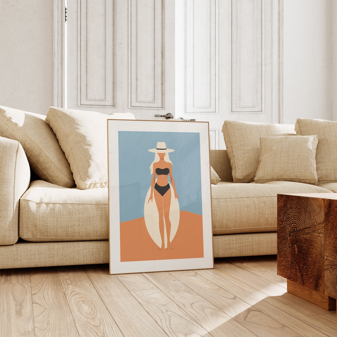 Minimalist Surfer Girl White Surfboard Terracotta Art Poster - Image 5