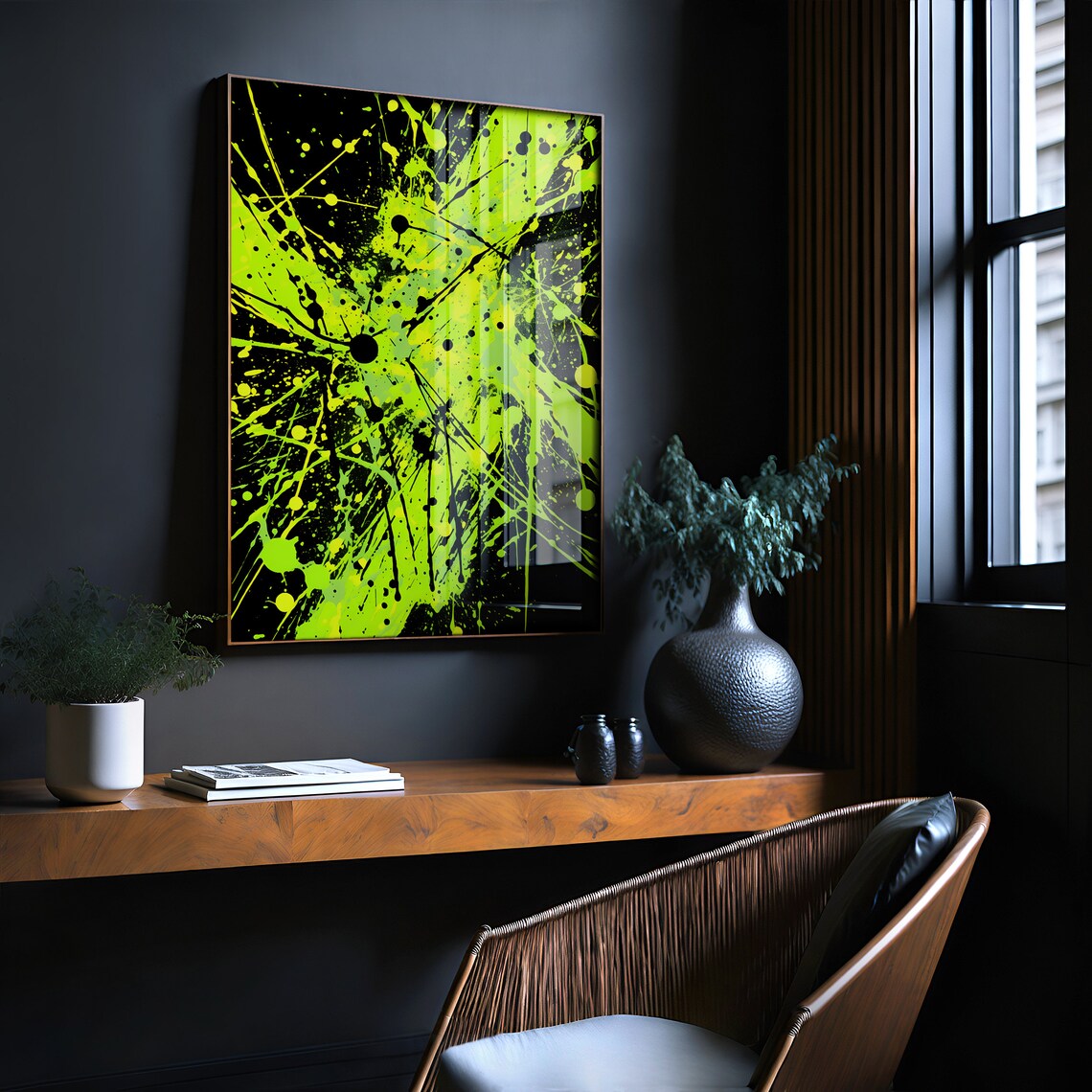 Jackson Pollock Style Electric Green Splatter Black Art Poster - Image 2